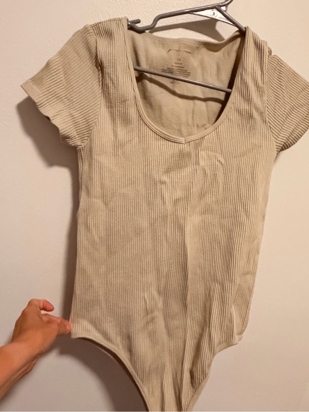Pink Rose Ribbed Short Sleeve Bodysuit in Beige